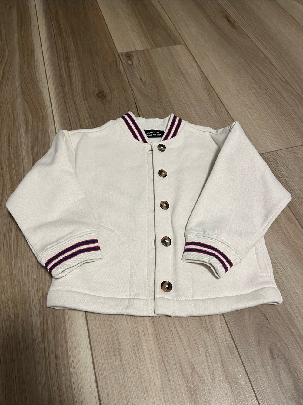 Kids Cream Button-Front Jacket with Stripe-Trim Collar